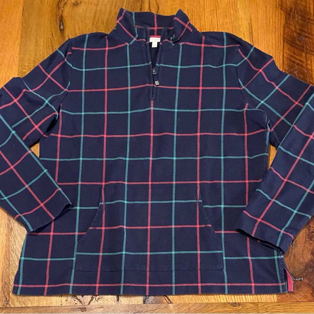 Talbots Factory Classic Quarter Zip Navy Blue Plaid Lightweight Pullover, Large